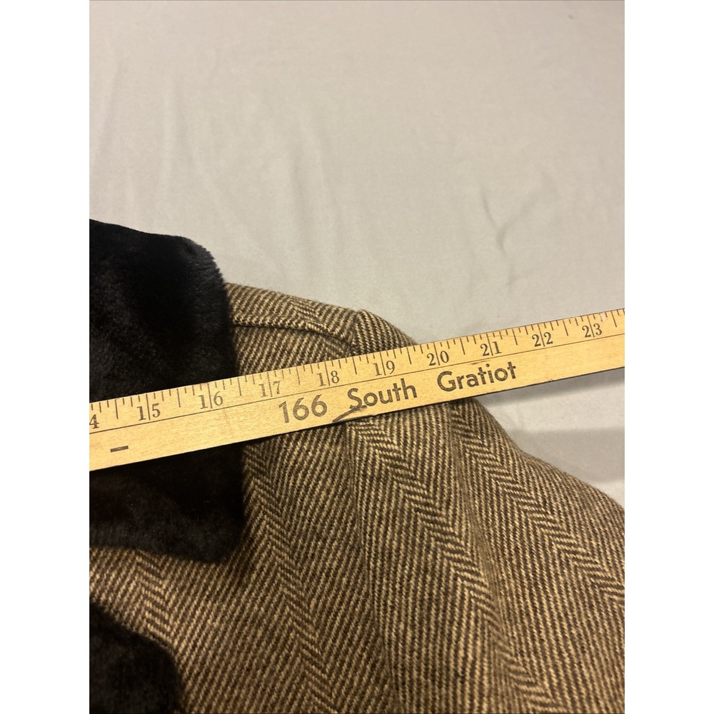 Vtg Sears Herringbone Wool Blend Coat Mens Large Faux Fur Collar Lined 60s 70s - Picture 12 of 16